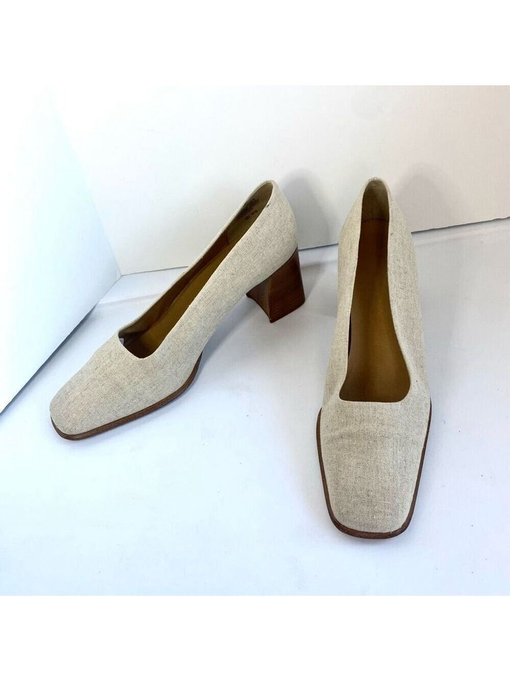 Nine West Beige Tan Linen Like Fabric Shoes Pump Square Toe Wood Block Heel Wome
